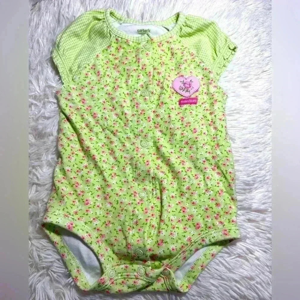 Carters Baby Girl Size 9 months Floral Green & Pink Onesie